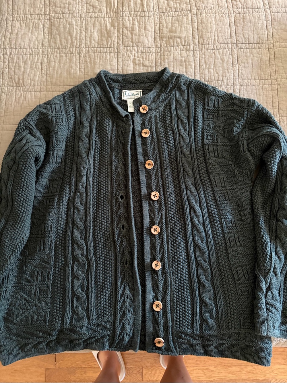 L.L. Bean Women’s Green Cable Knit Button Cardigan Sweater